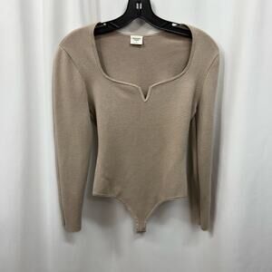 Abercrombie & Fitch Long Sleeve Sweater V-Neck Thong Bodysuit Beige Tan Small